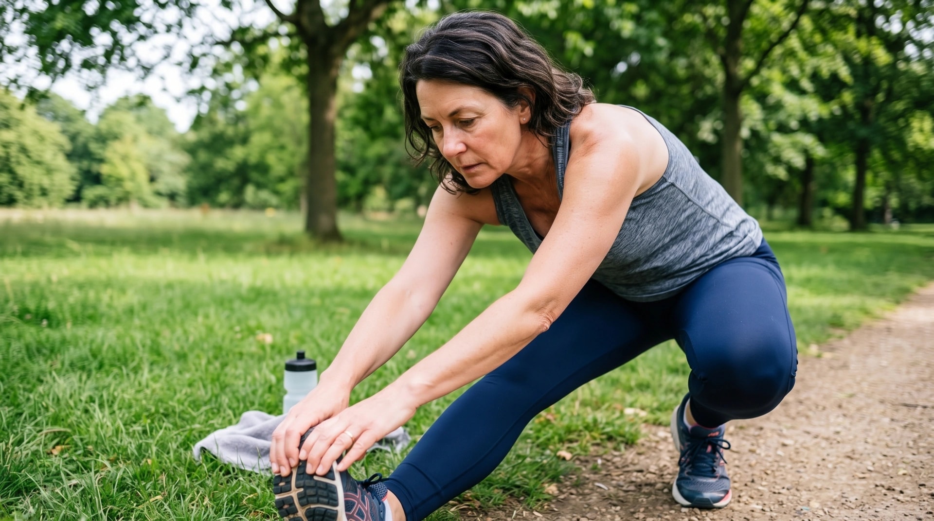 A woman stretching on a park path before a run
