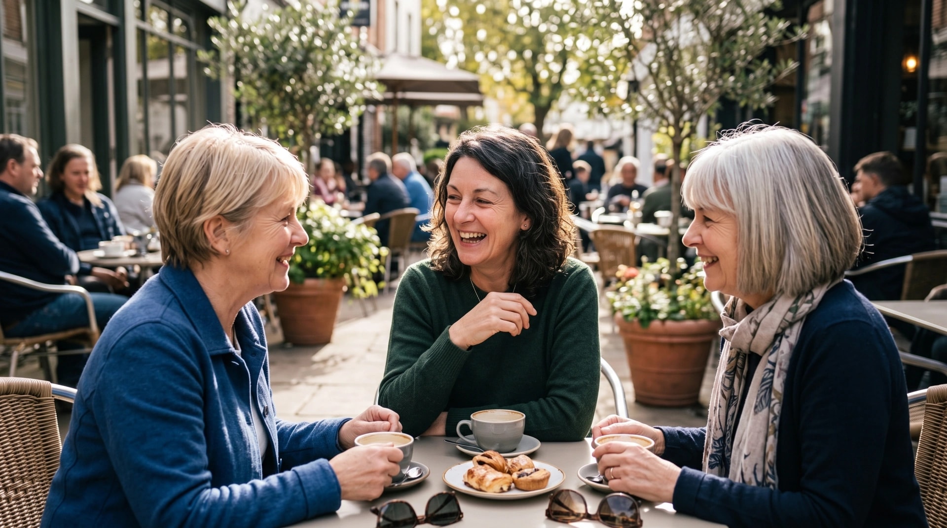 Three women laughing together over coffee at an outdoor café table