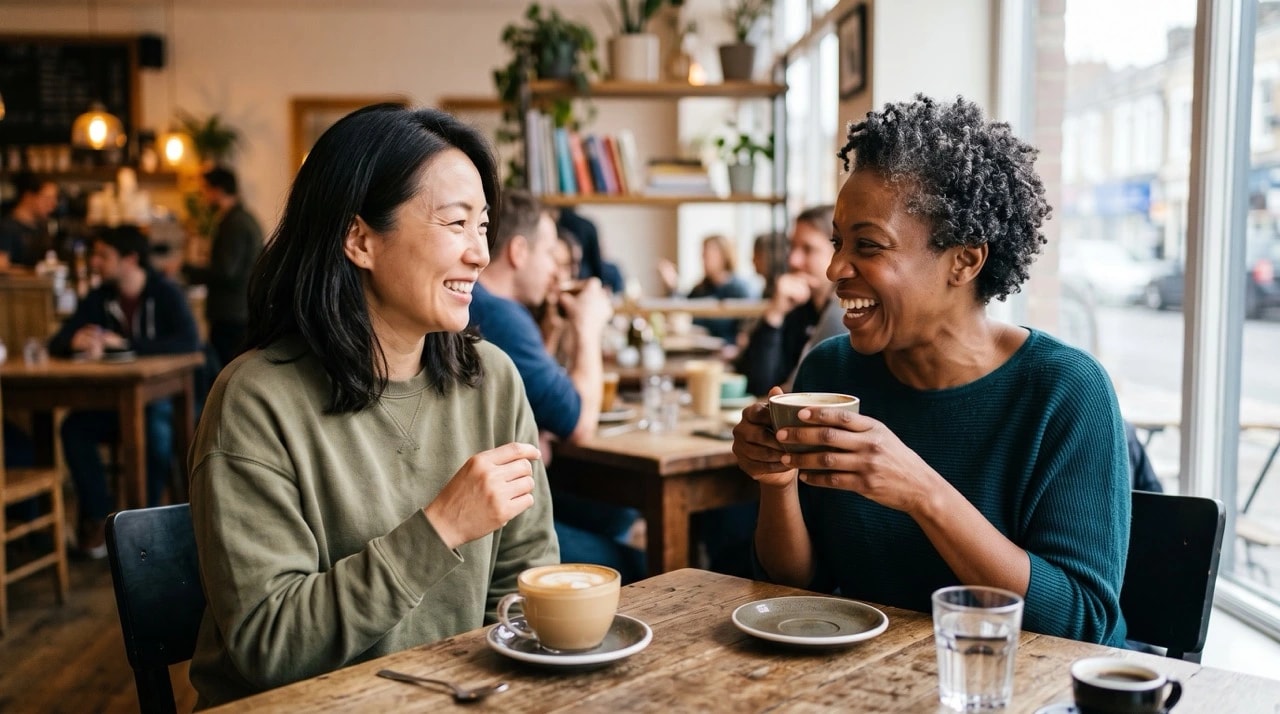 Two friends laughing together over coffee at a cafe table