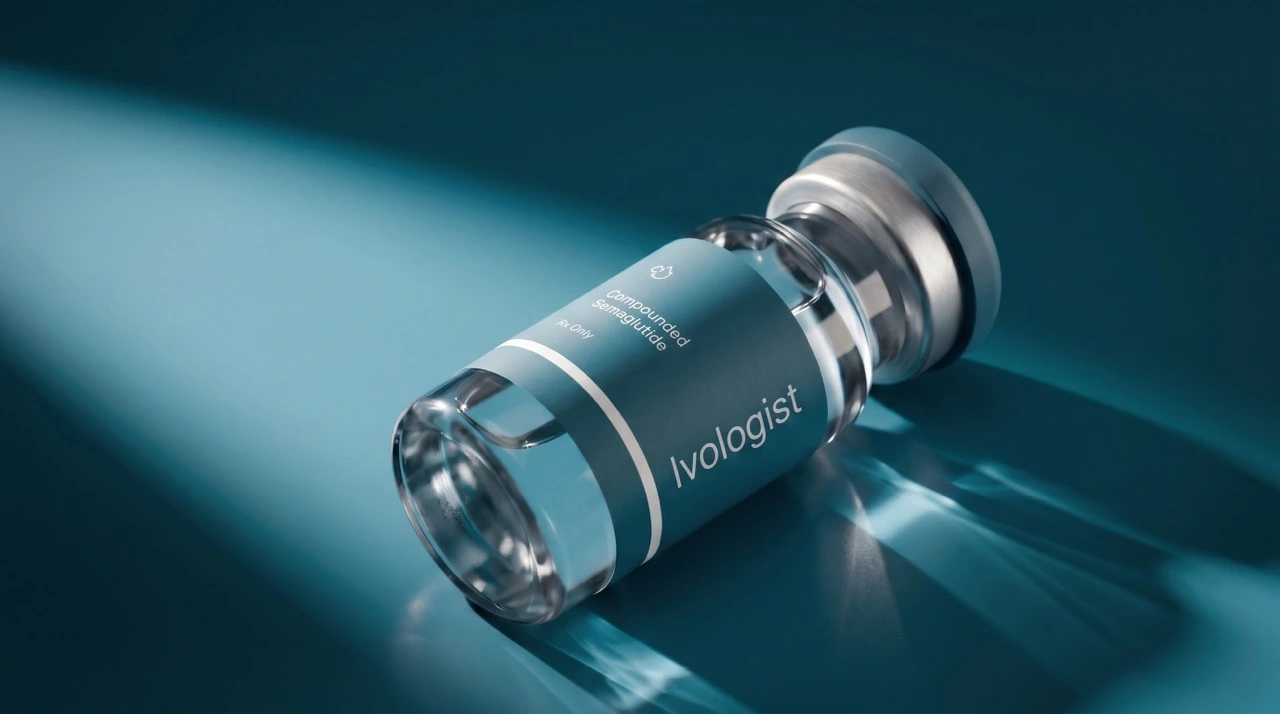 A small vial of compounded semaglutide catching the light