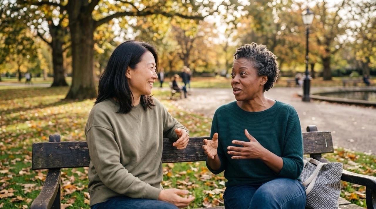 Two women talking on a park bench in autumn