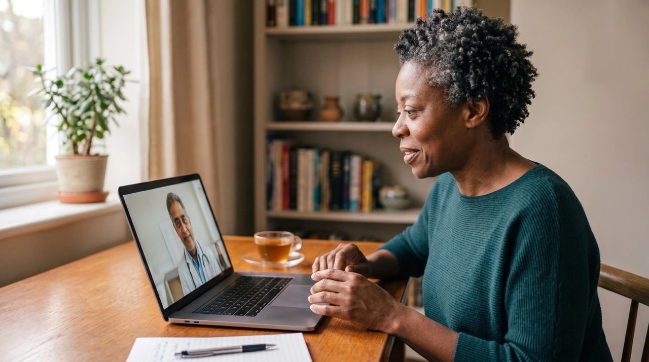 Woman on a telehealth video call with her provider