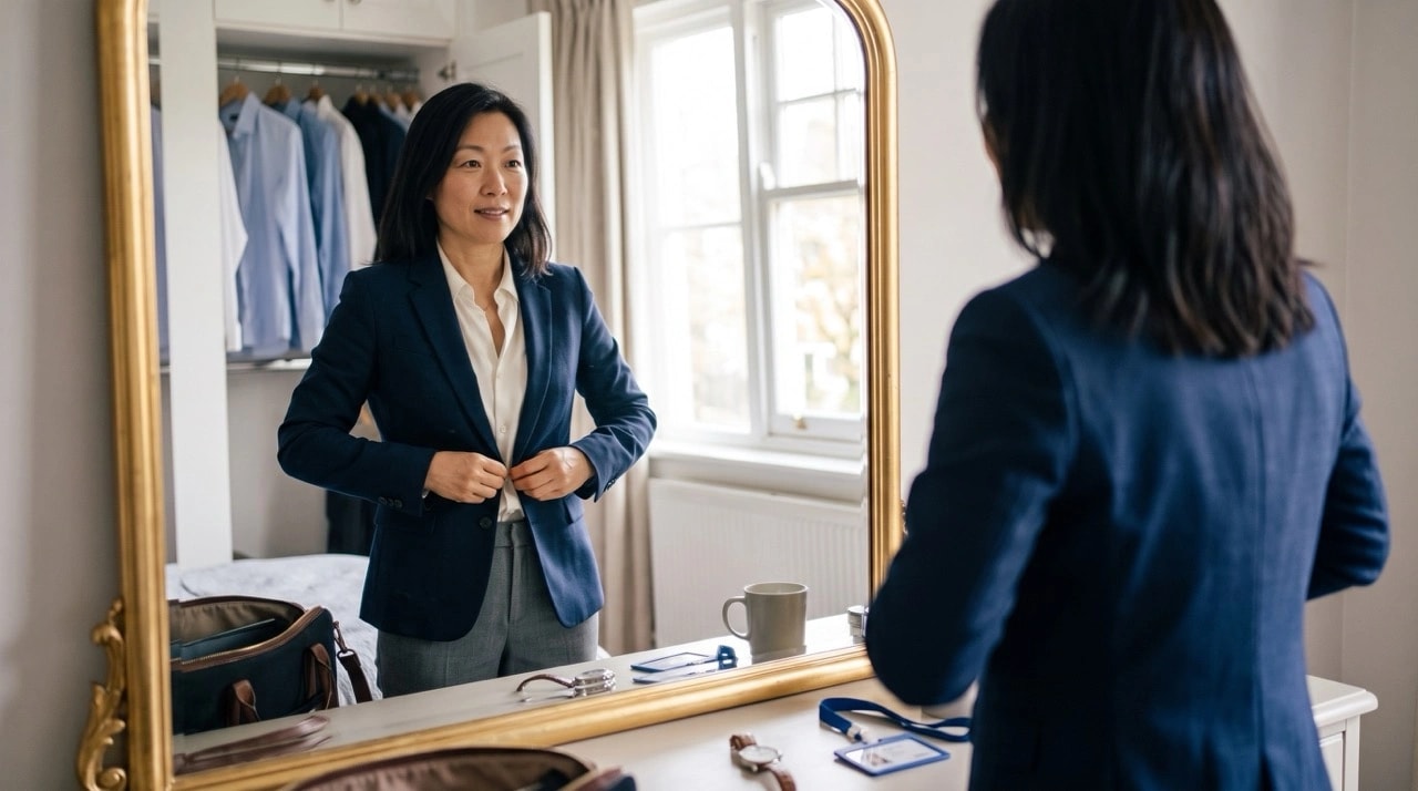 Woman buttoning a blazer in front of a mirror