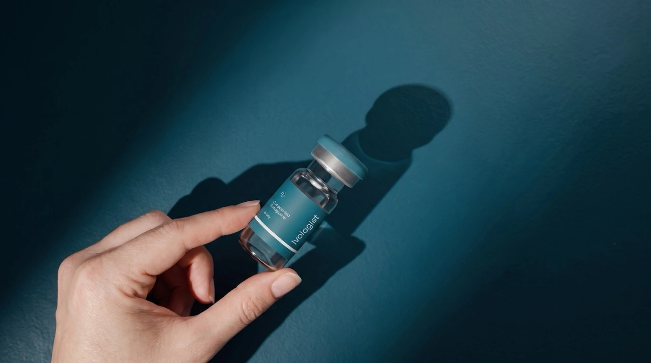 A vial of compounded semaglutide held in a hand, casting a long shadow