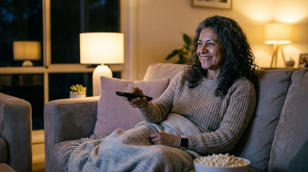 Woman relaxing comfortably at home watching TV with a bowl of snacks