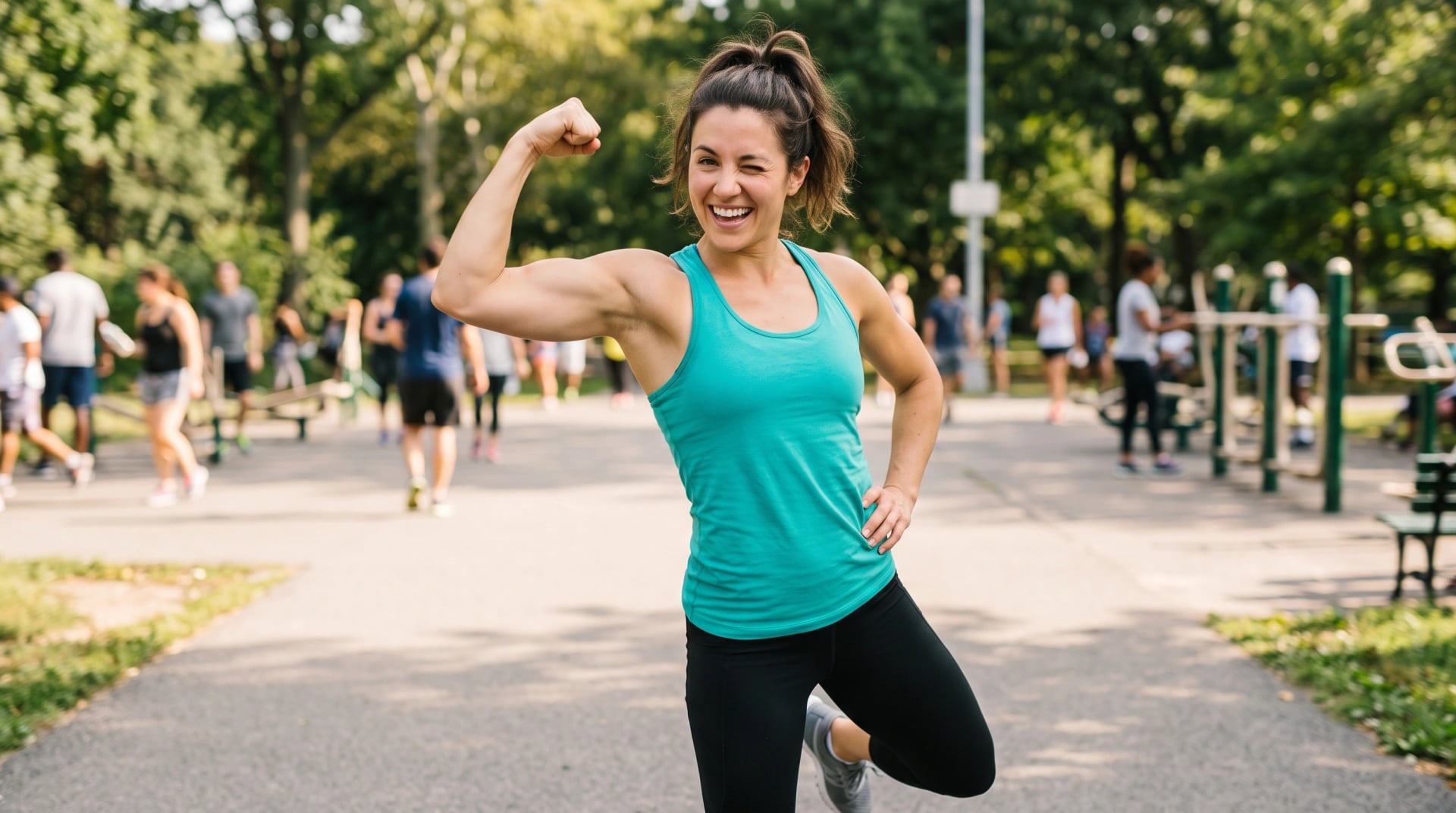 A smiling woman flexing her arm while stretching on a park path