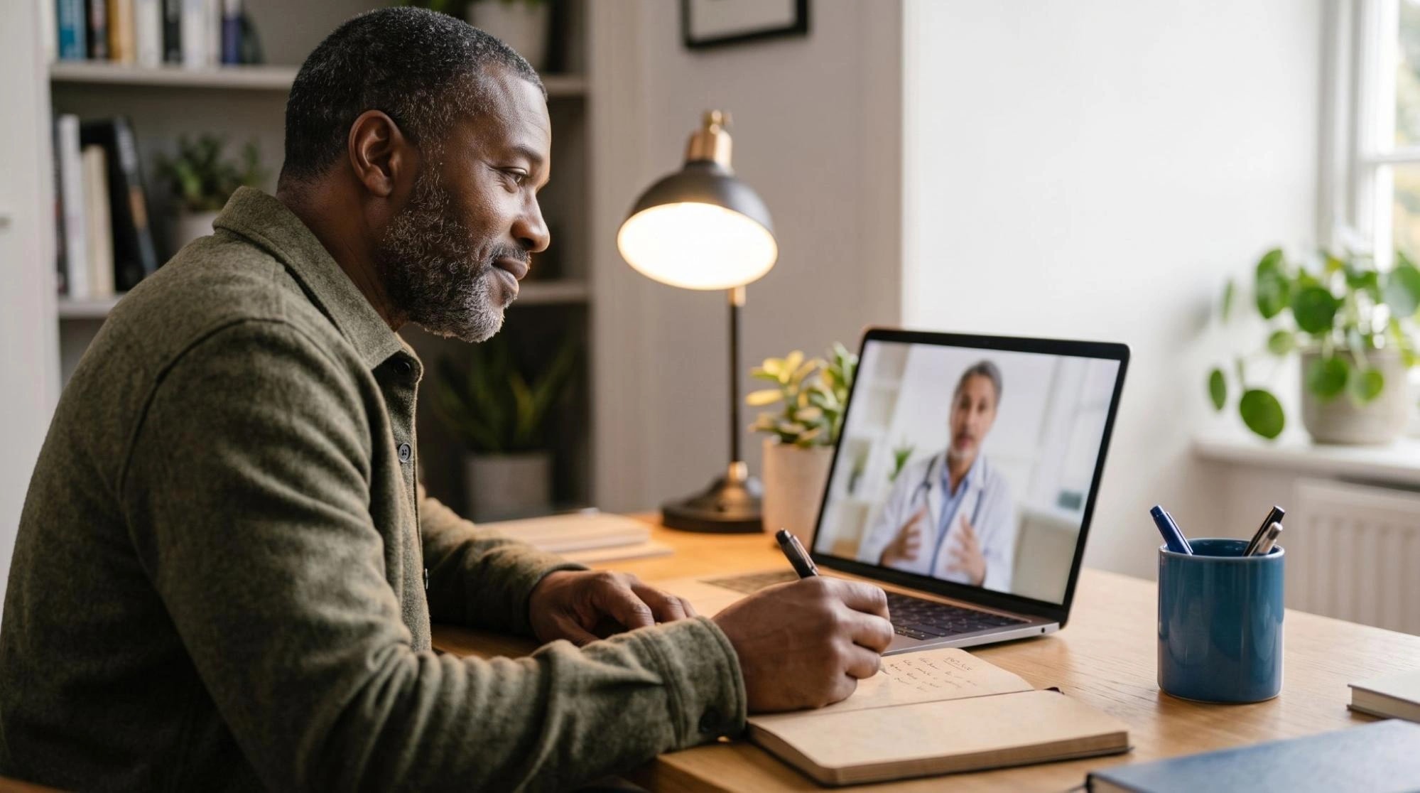 Man taking notes during a telehealth consultation with a clinician on his laptop