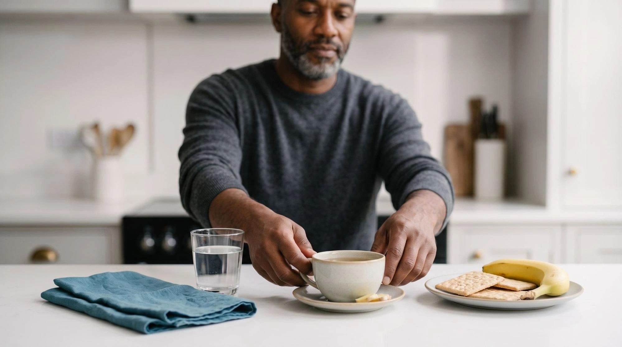Man setting out a light snack of tea, water, crackers and a banana in his kitchen