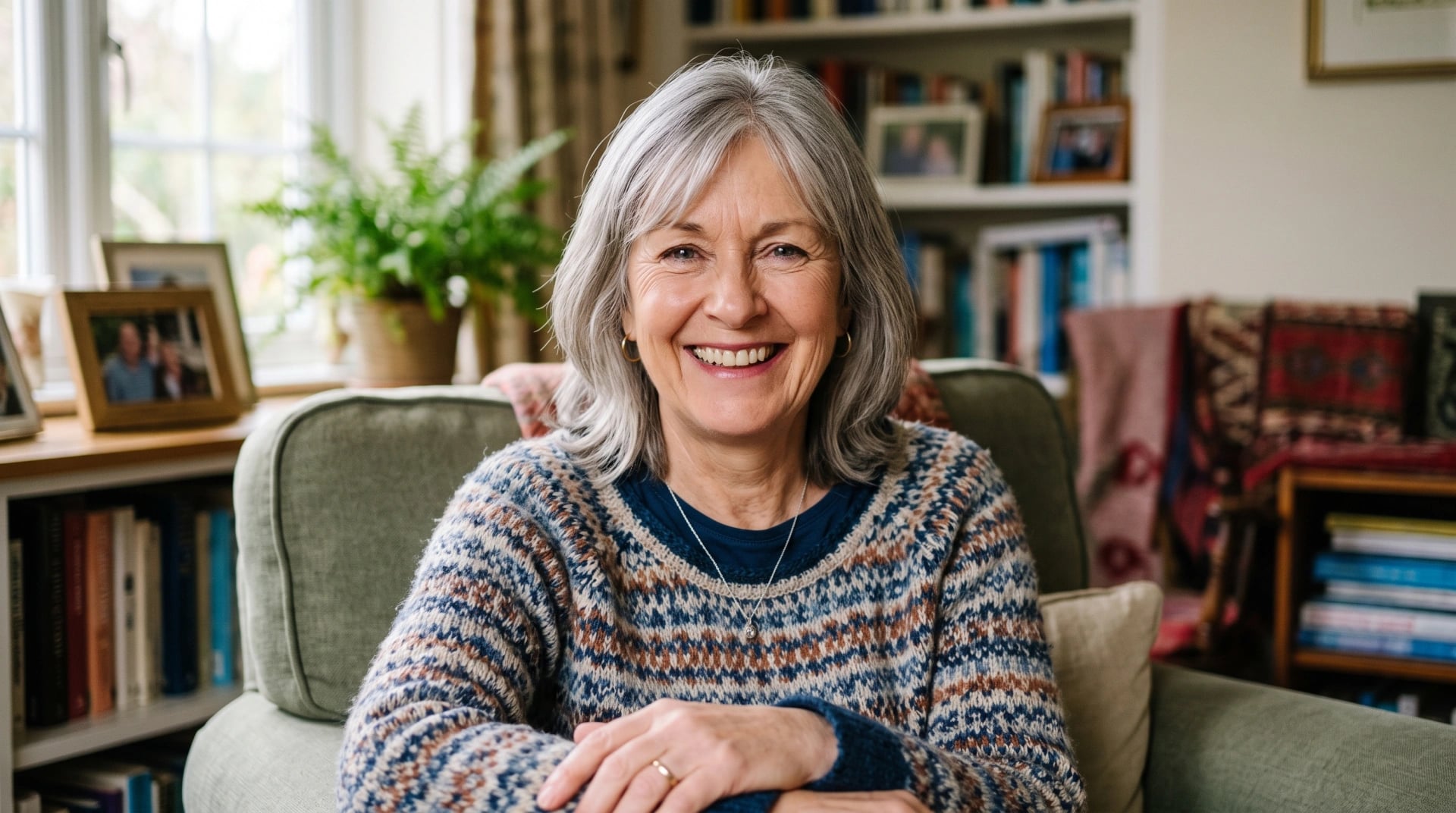 A smiling woman in her sixties relaxing in an armchair at home