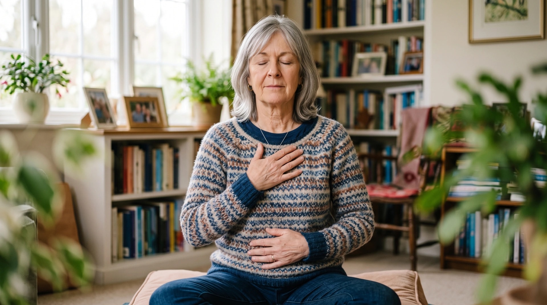 A woman sitting with her eyes closed and a hand on her chest, practicing slow breathing at home