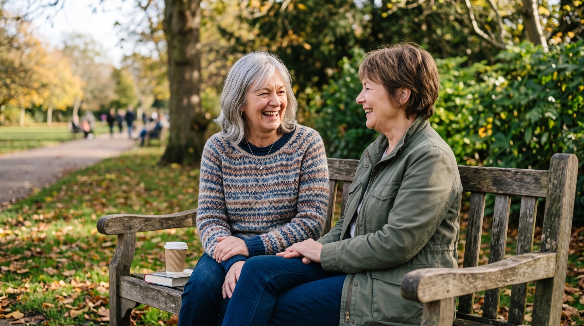 Two women laughing together on a park bench in autumn