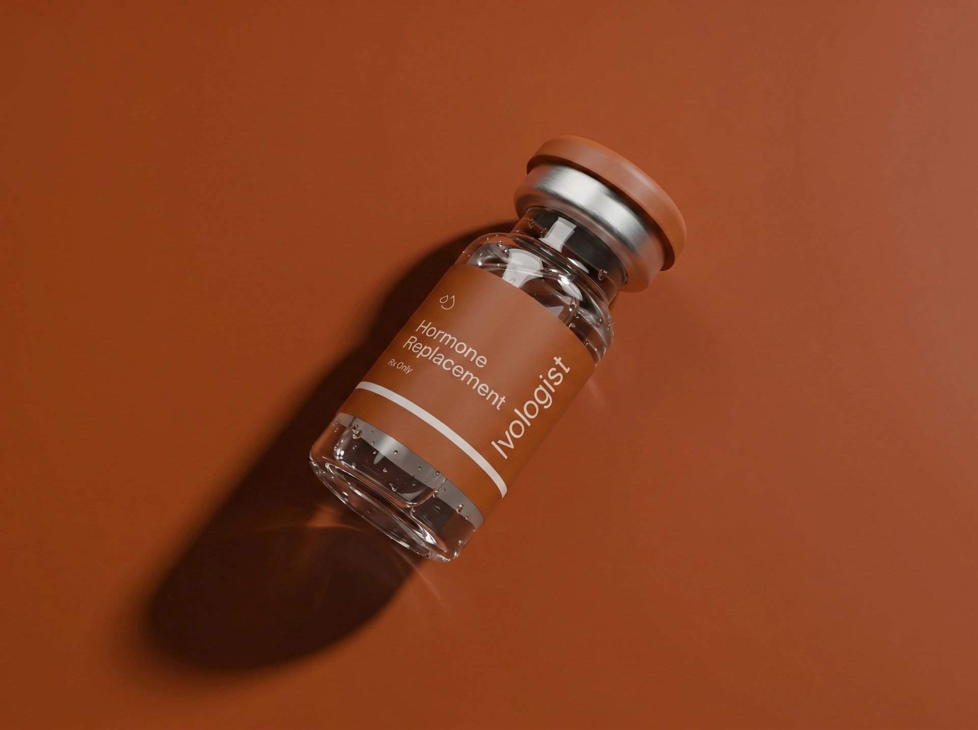 An Ivologist hormone replacement therapy vial on a terracotta background
