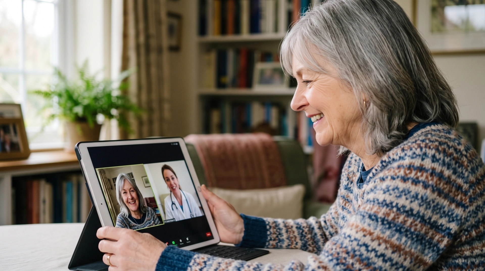 A woman smiling during a telehealth consultation with a clinician on her tablet