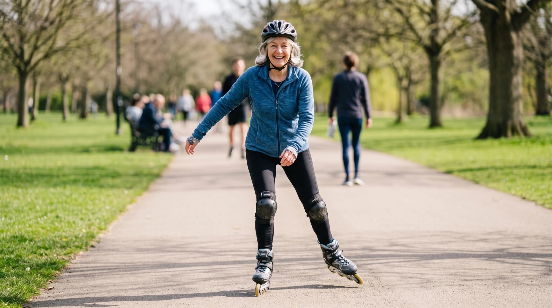 A woman rollerblading along a park path wearing a helmet and pads