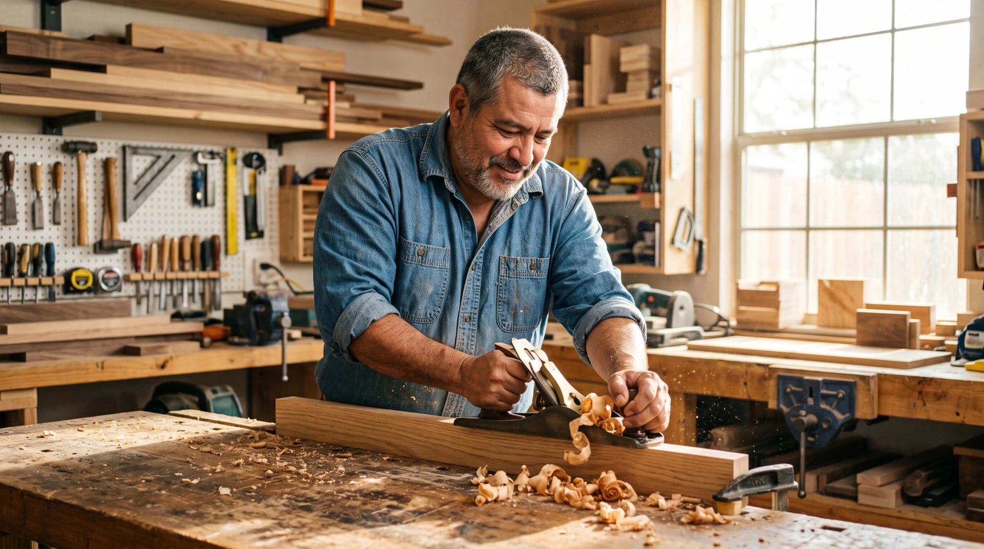 A man planing a length of wood at the bench in his home workshop
