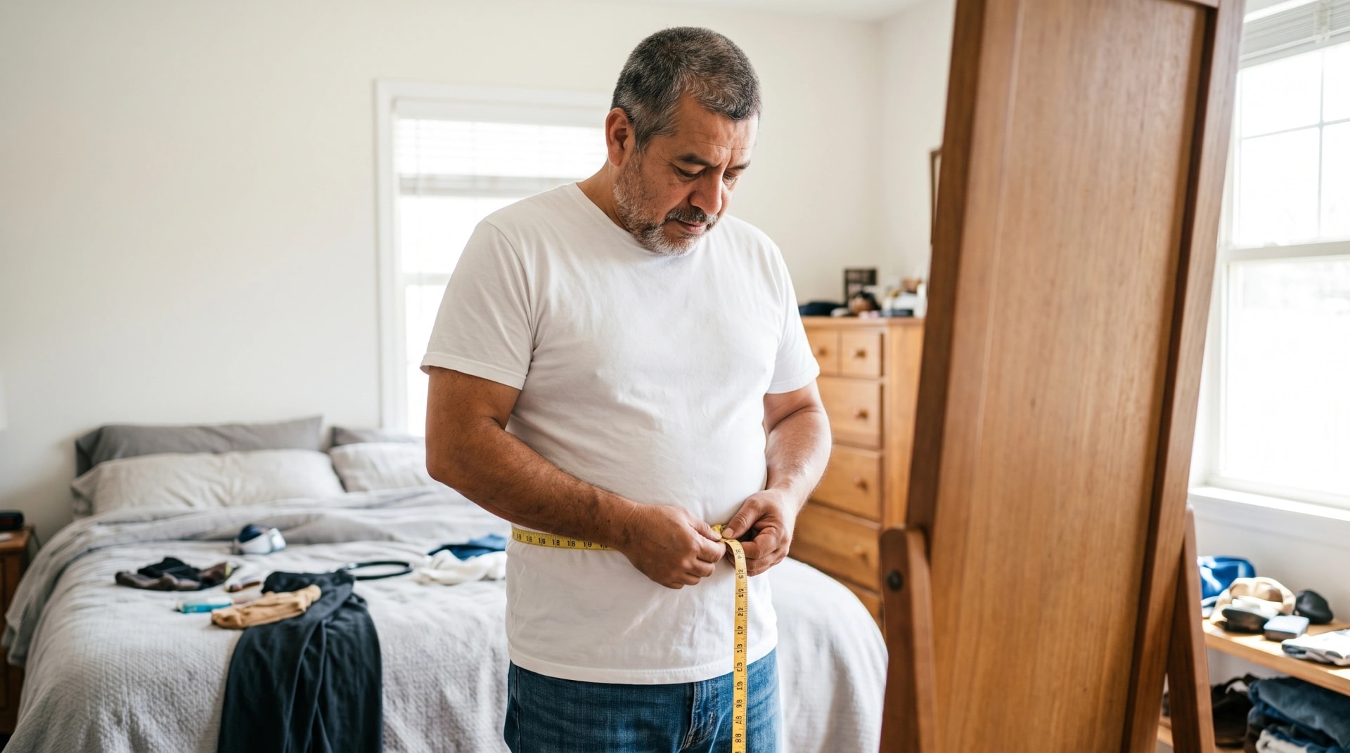 A man measuring his waist with a tape measure in his bedroom