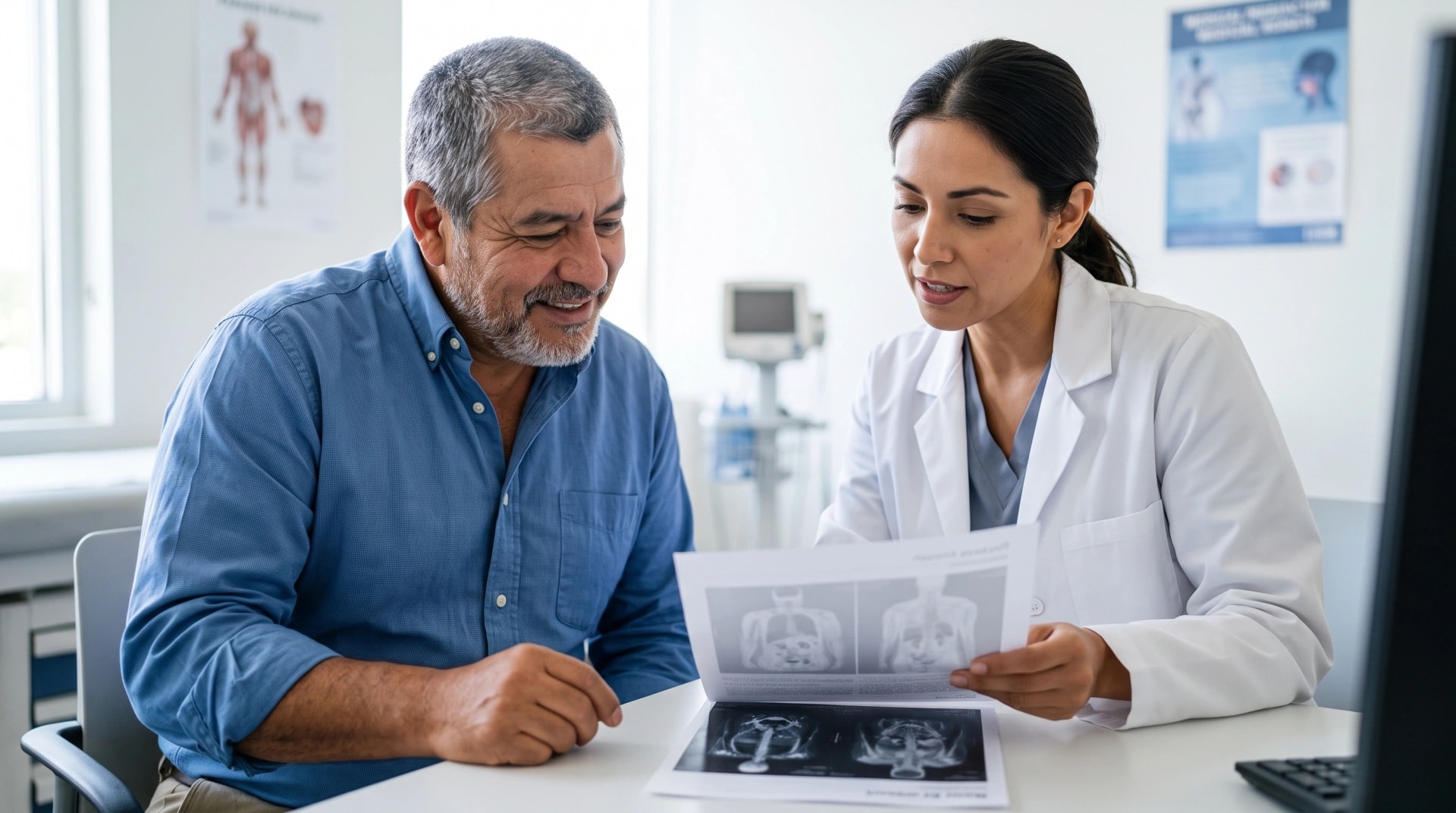 A man going over scan images and notes with a clinician at her desk