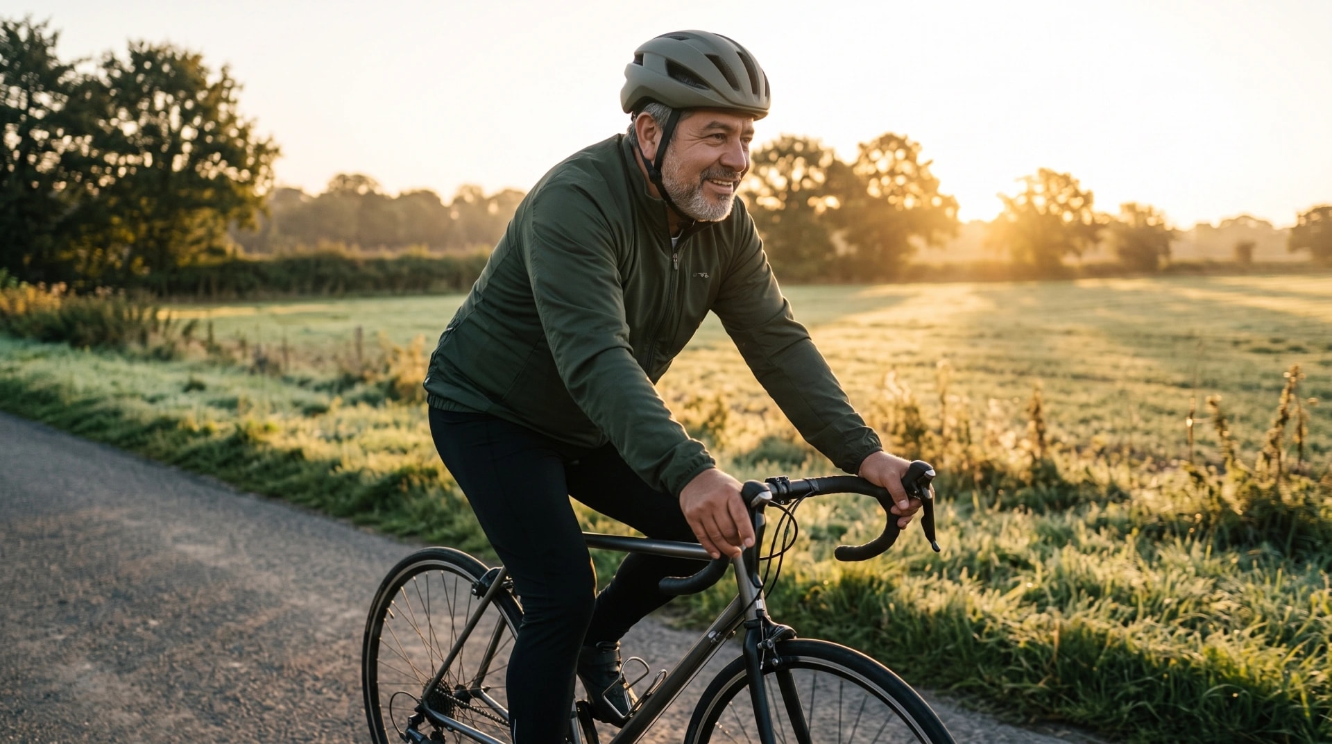 A man cycling along a country road at sunrise