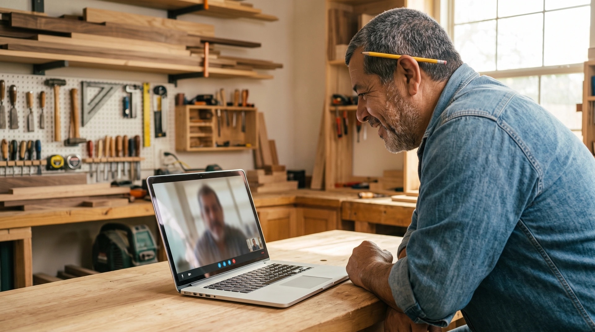 A man with a tape measure around his neck on a video call at his workshop bench