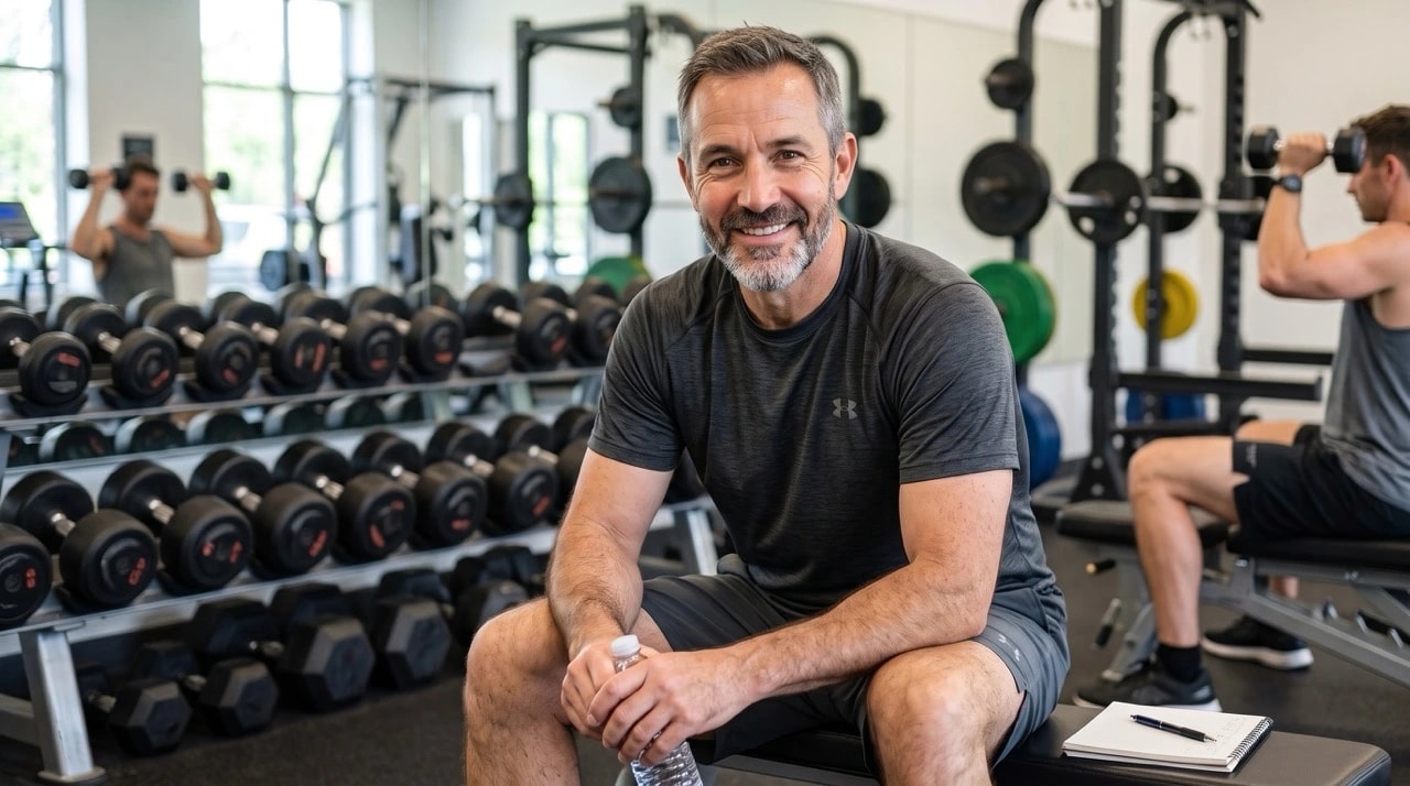 Man sitting at the gym with dumbbells