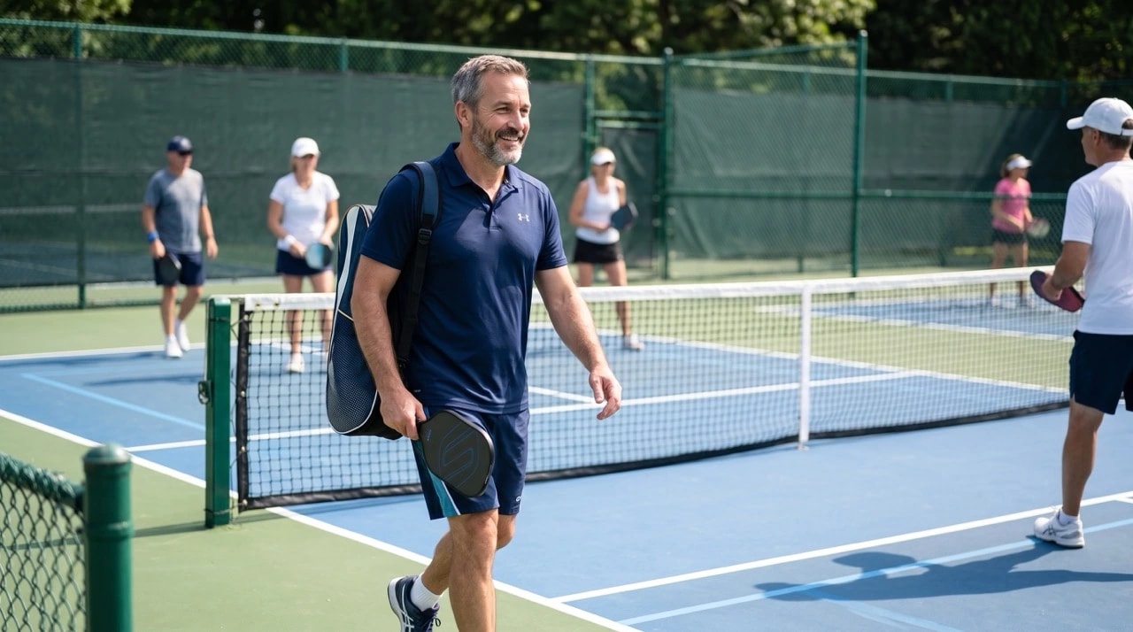 Man smiling at a tennis court