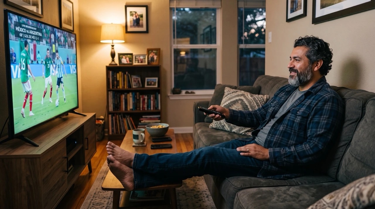 Man relaxing comfortably at home watching TV with a remote control
