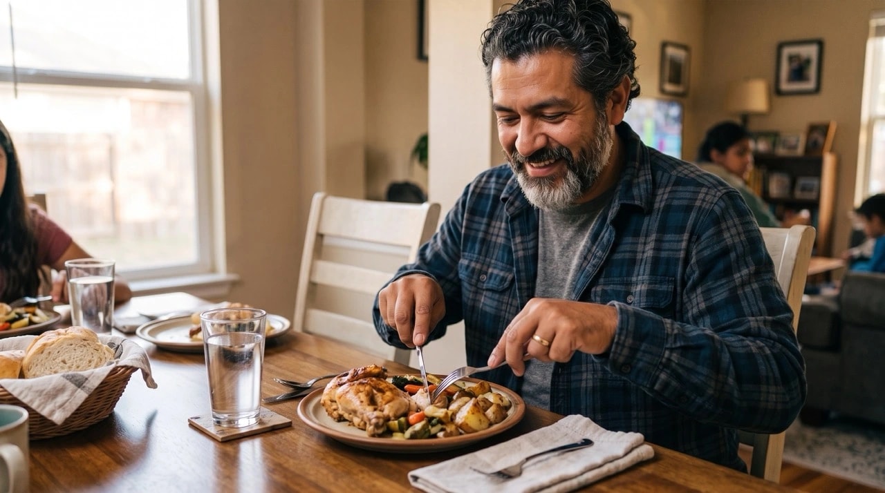 Man eating a portion-controlled meal at the dinner table with family