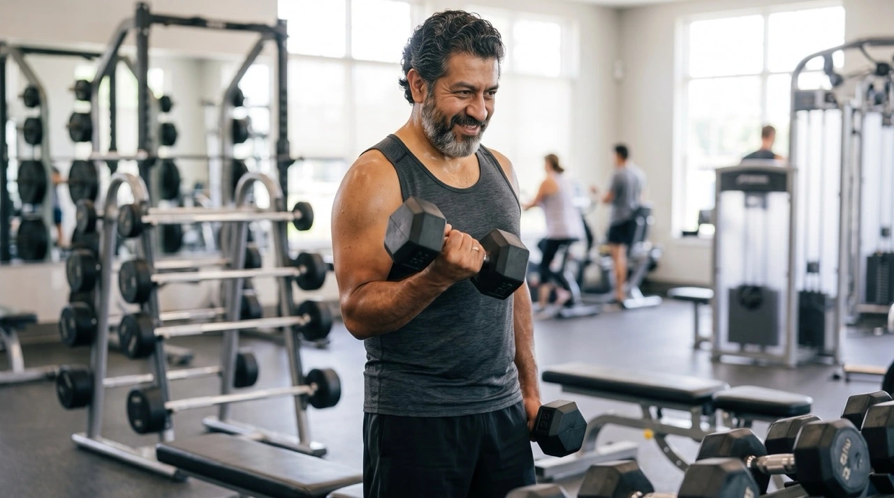 Man lifting weights in a gym doing bicep curls