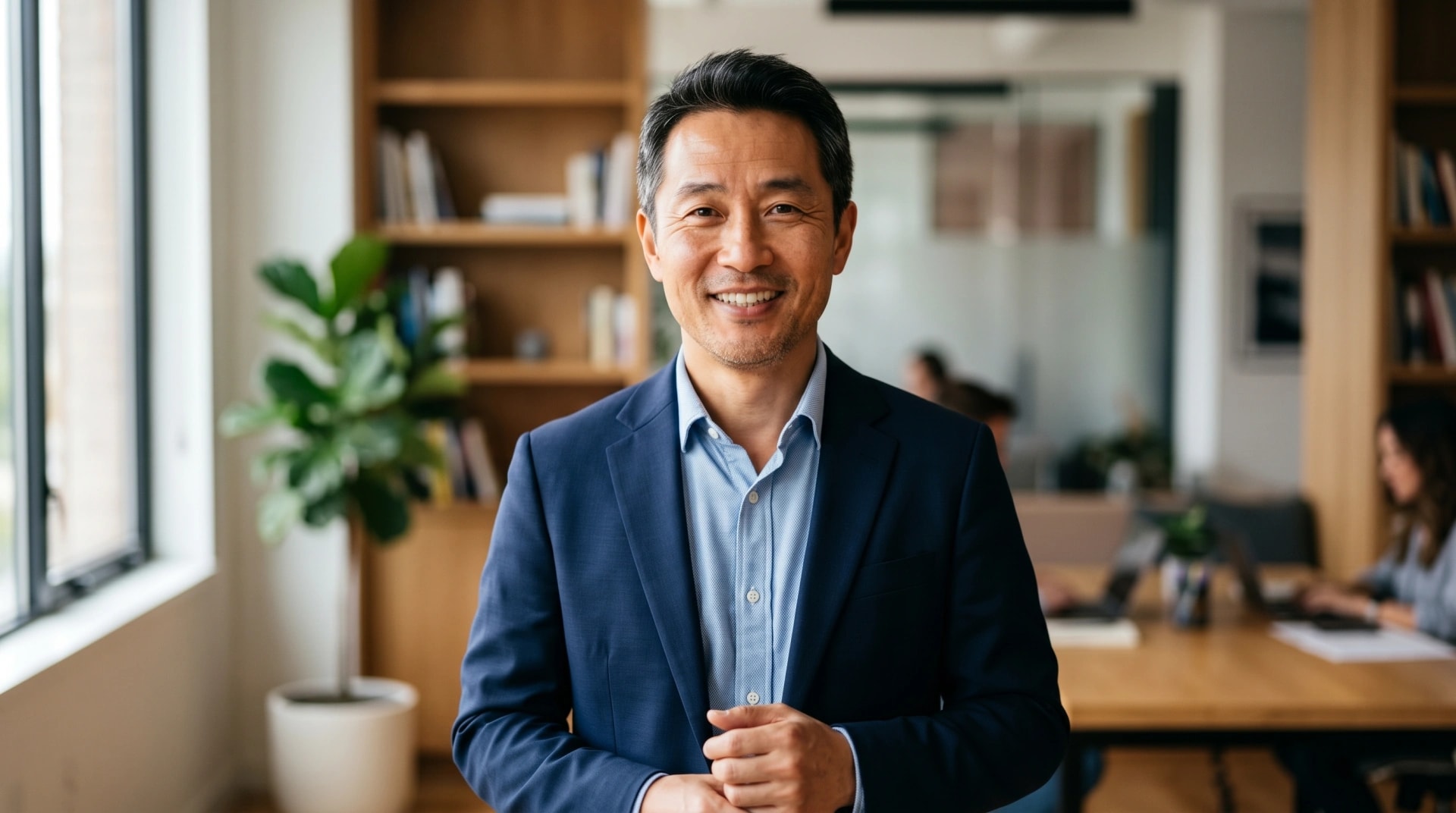 A smiling man in a navy blazer standing in a bright, plant-filled office