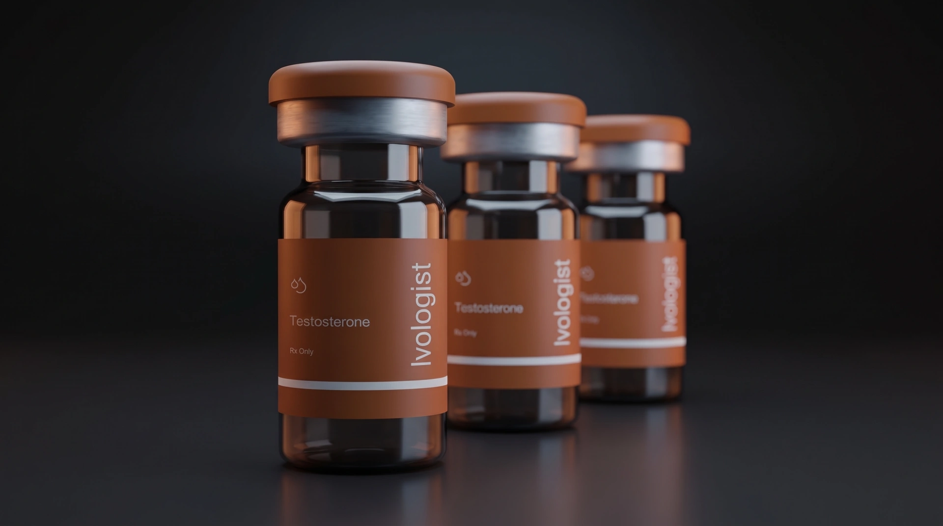 Three Ivologist testosterone vials on a dark background