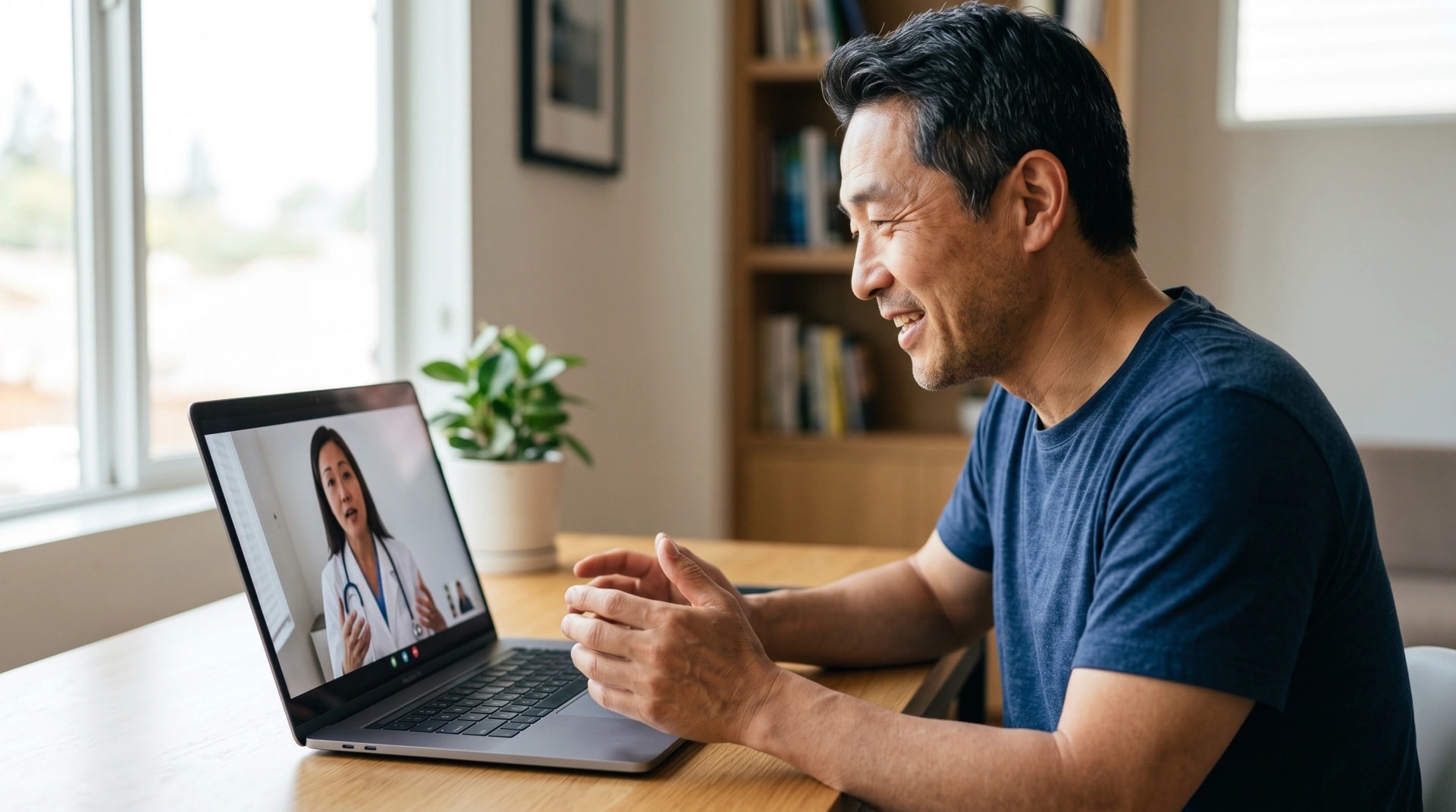A man smiling during a video consultation with a doctor on his laptop