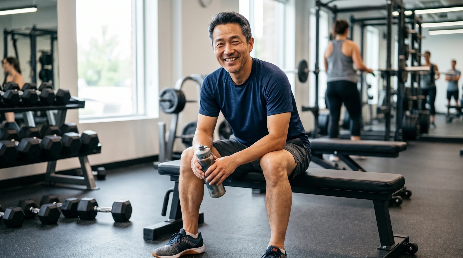 A smiling man resting on a weight bench in a gym with a water bottle