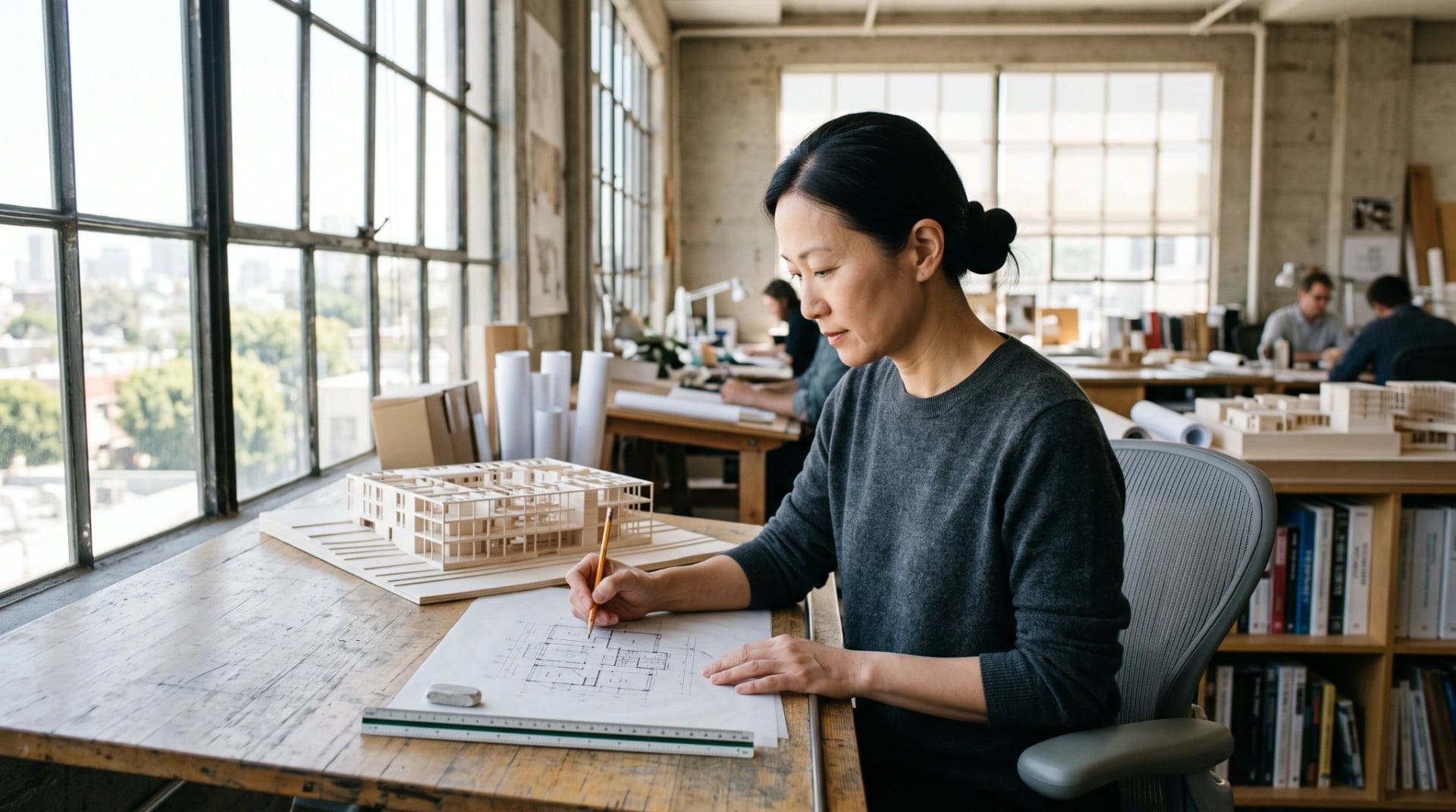 A woman working at her desk by a large window in an open-plan office