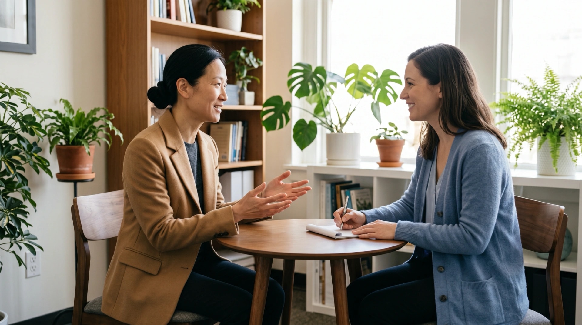 Two women in conversation at a small table in a plant-filled consulting room