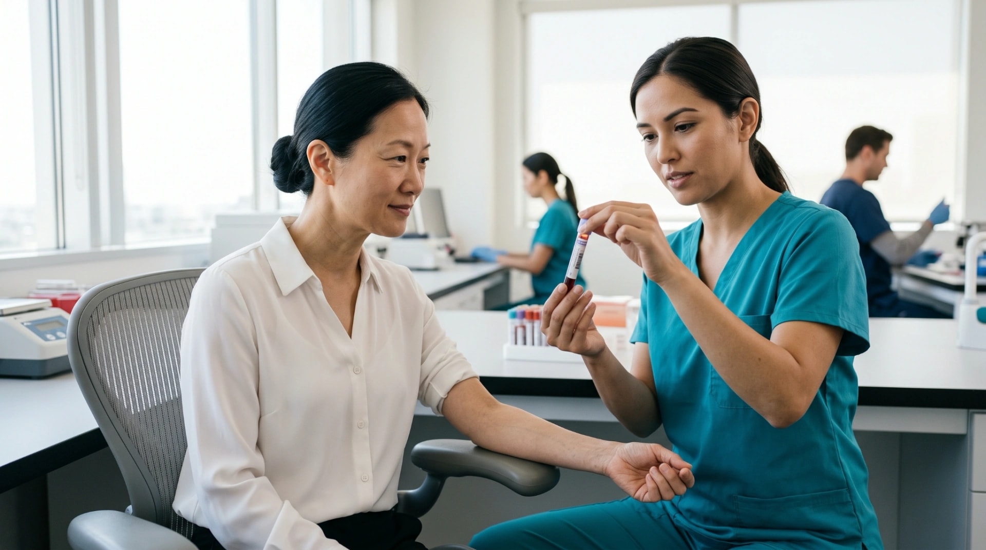 A nurse in scrubs preparing to draw blood from a woman in a clinic