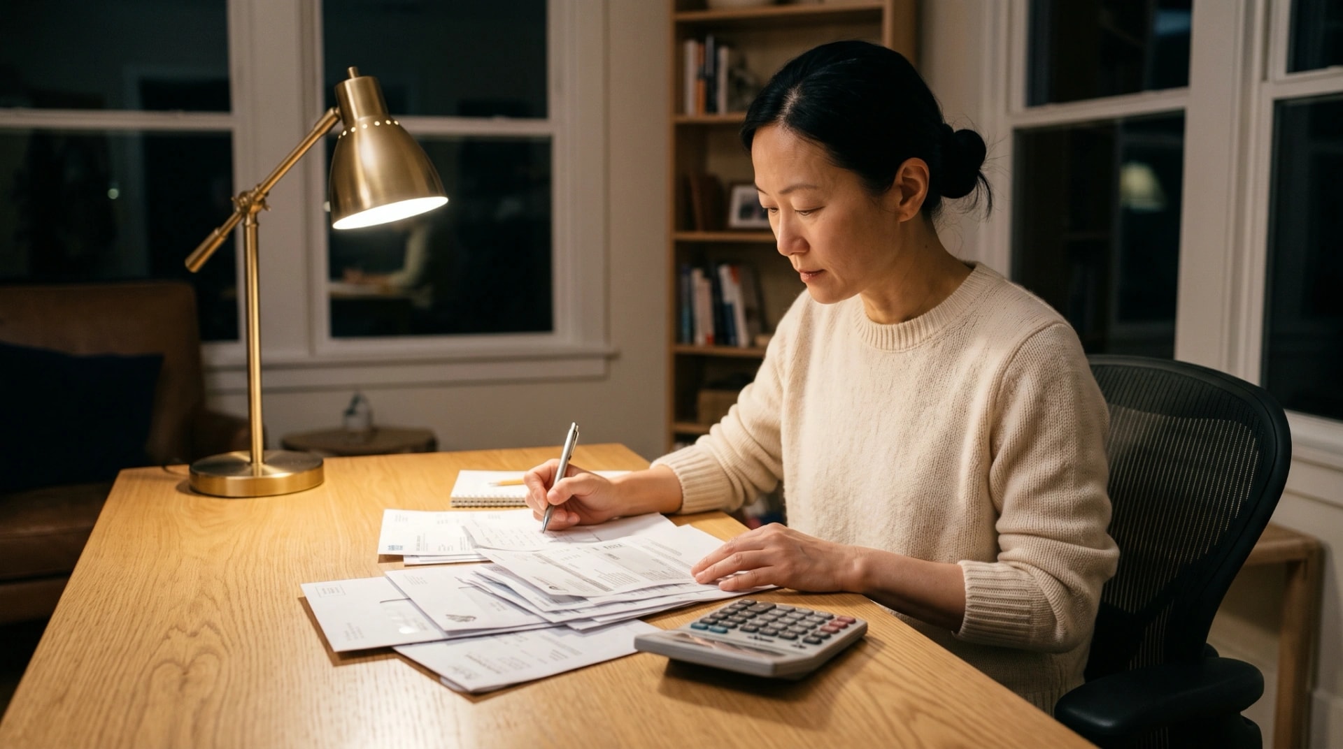 A woman going through paperwork with a calculator at her desk at night
