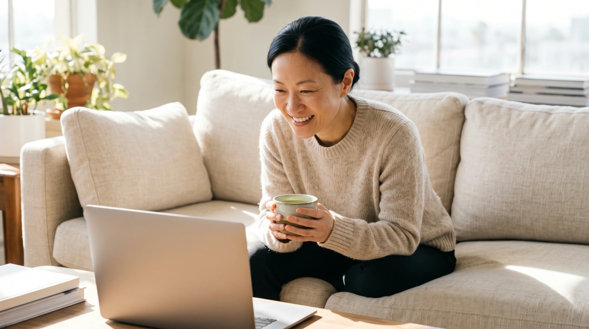 A woman on her sofa smiling at her phone with a laptop open beside her