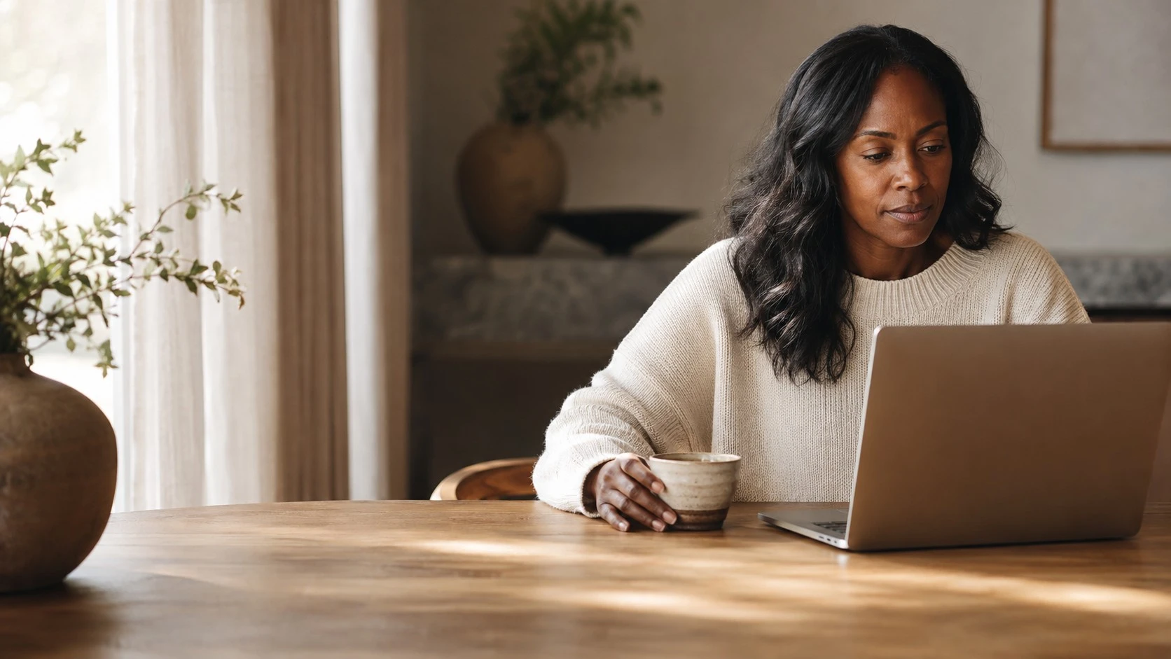 Woman researching GLP-1 side effects on her laptop at home